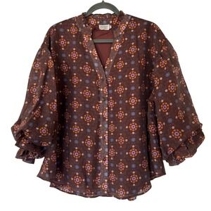 Shop the Mint Top XL Brown Floral Balloon Sleeve Ruffle Boho Cottagecore Prairie